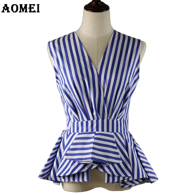 Blue Striped Женская скромная летняя блузка, одежда для работы, v-образный вырез, для офиса, женские топы, без рукавов, в синюю полоску, Blusas, рубашки, осень, модная, с оборками, с баской - Цвет: Blue Striped