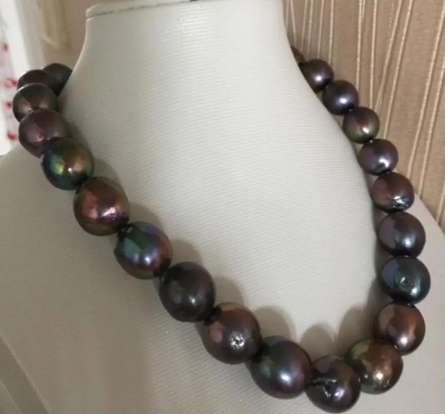 stunning 12-13mm tahitian  baroque black blue pearl necklace 18inch 