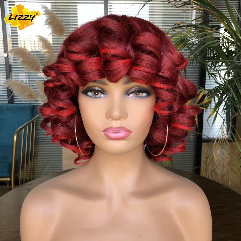 Short Hair Afro Curly Wig With Bangs Loose Synthetic Cosplay Fluffy Shoulder Length Natural Wigs For Black Women Dark Brown 14
