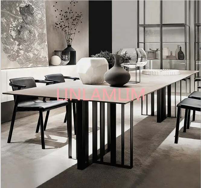 

designer unique stainless steel marble dining room set with rectangle table and 4 leather chairs mesa de jantar muebles comedor