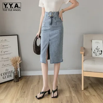 

Denim Midi Skirts Women OL Style Slim High Waist Front Split Wrap Skirt Summer Blue Casual Jean Skirts S-XL Jupe Femme