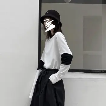 

loose Casual Patchwork Hit Color T Shirt Women Clothes 2020 Spring New Pullover Full Sleeve Match All Simple Tee Top XJ3913