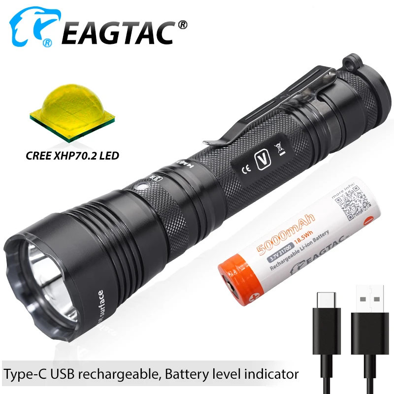 EAGTAC G3V Tactical LED Flashlight Ultra-Bright-Torch 21700 5000mAh Battery USB Rechargeable Waterproof Police Light