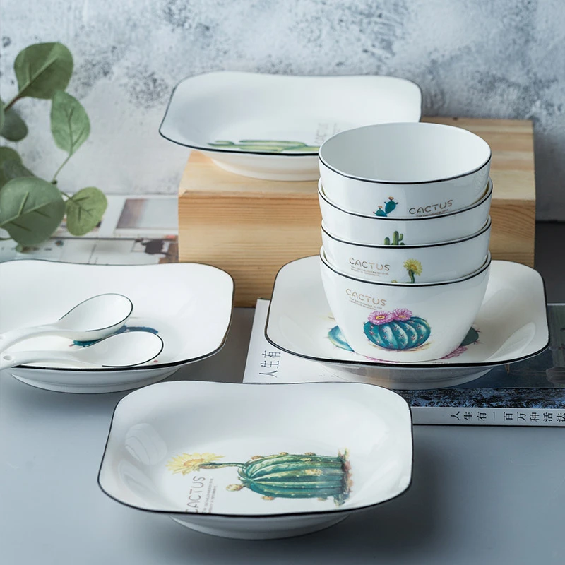 Креативный поднос для хранения керамики с рисунком в скандинавском кактусе, квадратные тарелки, десертная Салатница, кухонная посуда, подогреваемое декоративное блюдо