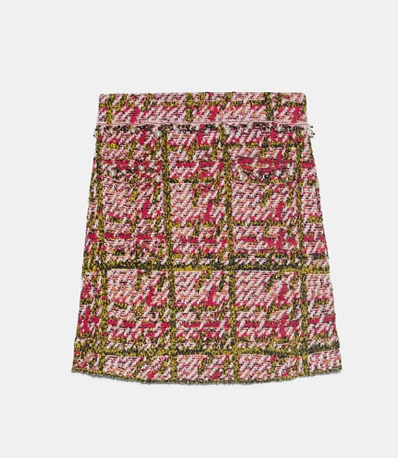 Autumn Winter Plaid Skirt Mini Women Knitted England Style Skirts Feminine Slim Designer Pockets Pearl Buttons Patchwork Skirt