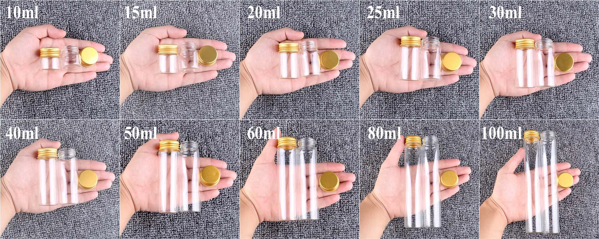 12pcs 10ml 15ml 20ml 25ml 30ml 40ml 50ml 60ml 80ml 100ml Glass Empty Bottles With Golden Aluminum Caps Spice Glass Jars Vails 3