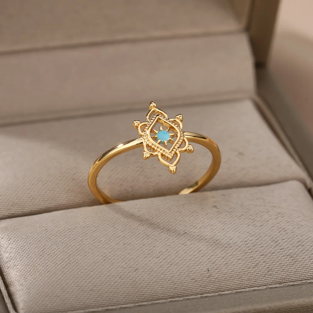 Opal Hexagonal Star Flower Ring Stainless Steel Hollow Out Pattern Geometry Ring