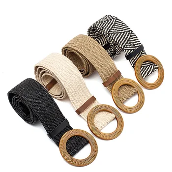 

Straw Wide Belt Female Woven Vintage Round Wooden Buckle Decorative Dress Shirt Belt