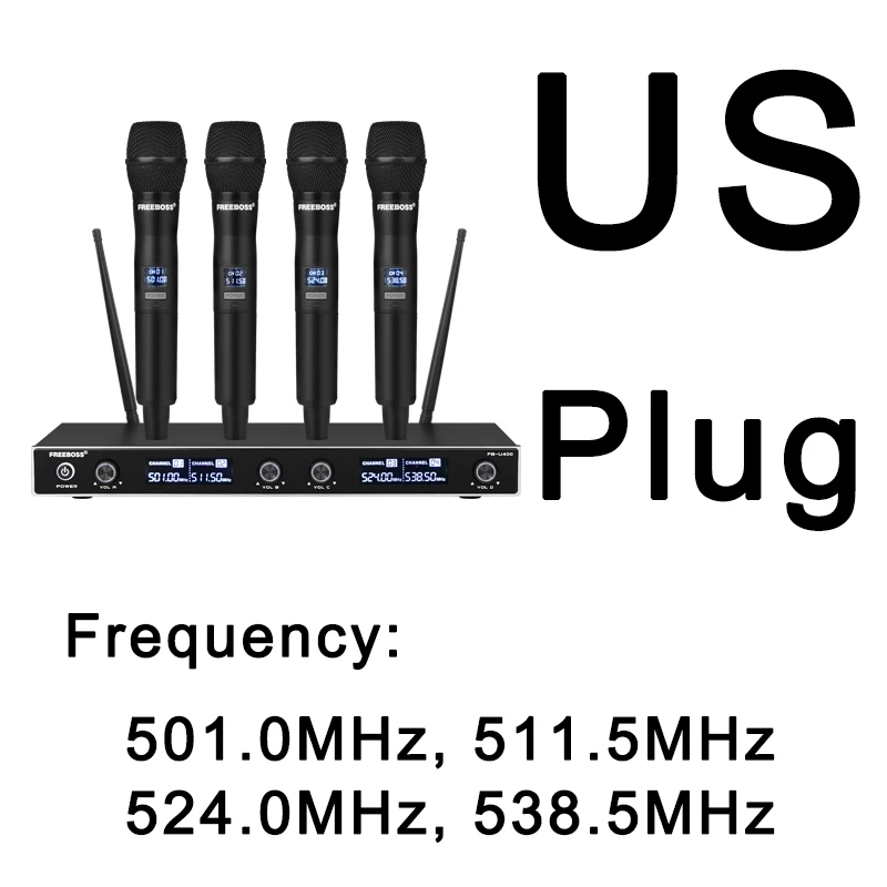 FREEBOSS FB-U400H2 4 Channel UHF Wireless Microphone System with 2 Bodypack and 2 Handheld Microphone of Church Family Party 