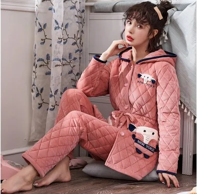 

Pajamas Female Winter plus Velvet Three Layer Thick Quilted Babe Velvet Warm Cotton-padded Clothes Tracksuit Korean-style Sweet