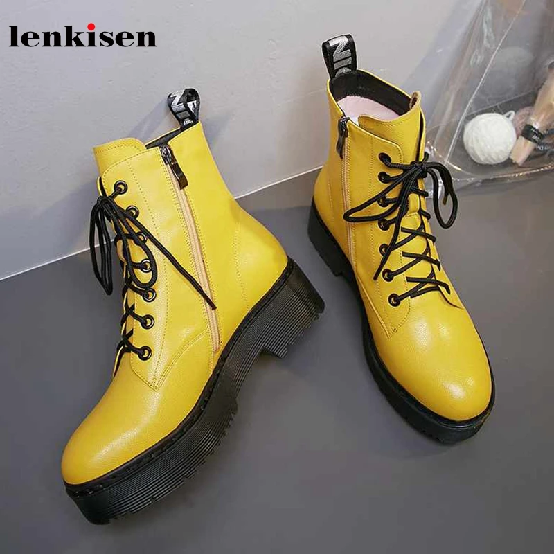 

Lenkisen thick bottom preppy style genuine leather round toe high heels Sweety girl lace up winter warm women ankle boots L9f3