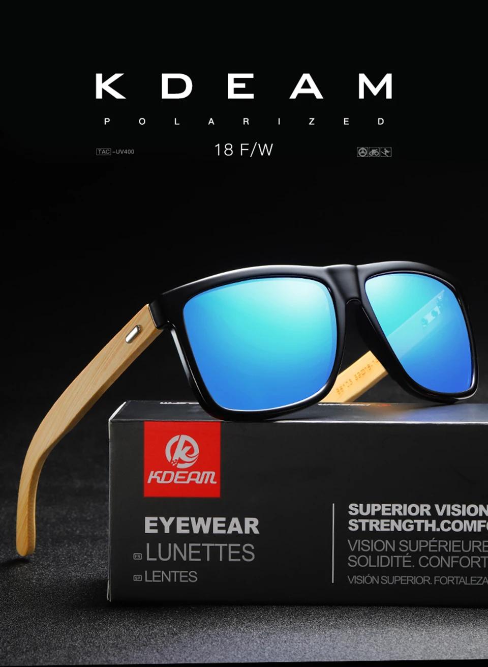 Высокое качество KDEAM прямоугольные солнцезащитные очки поляризованные Натуральные Бамбуковые мужские солнцезащитные очки 9 цветов