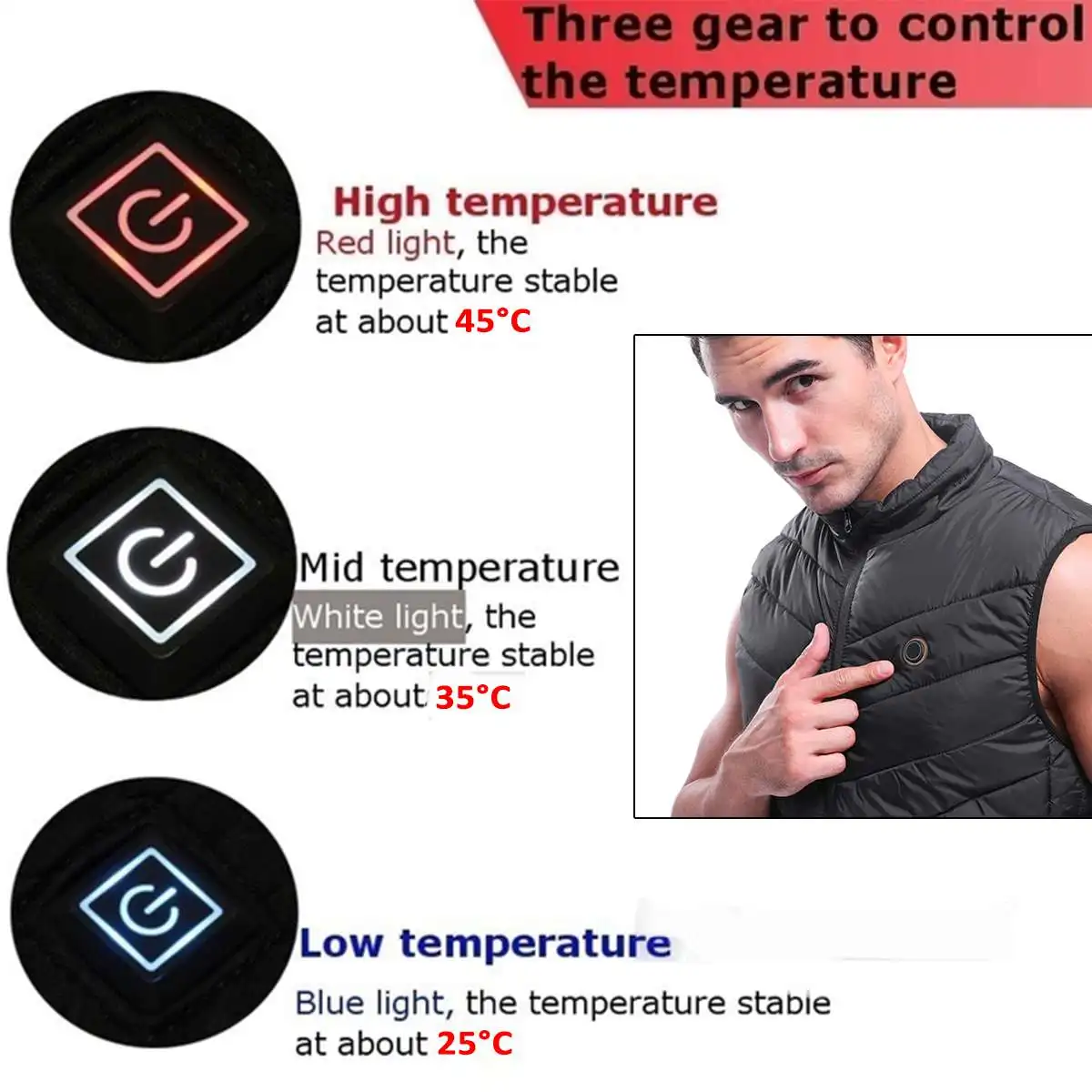 Black Men Women Outdoor 3 Speed Thermostat USB Infrared Heating Vest Jacket Winter Electric Thermal Clothing Waistcoat Fishing