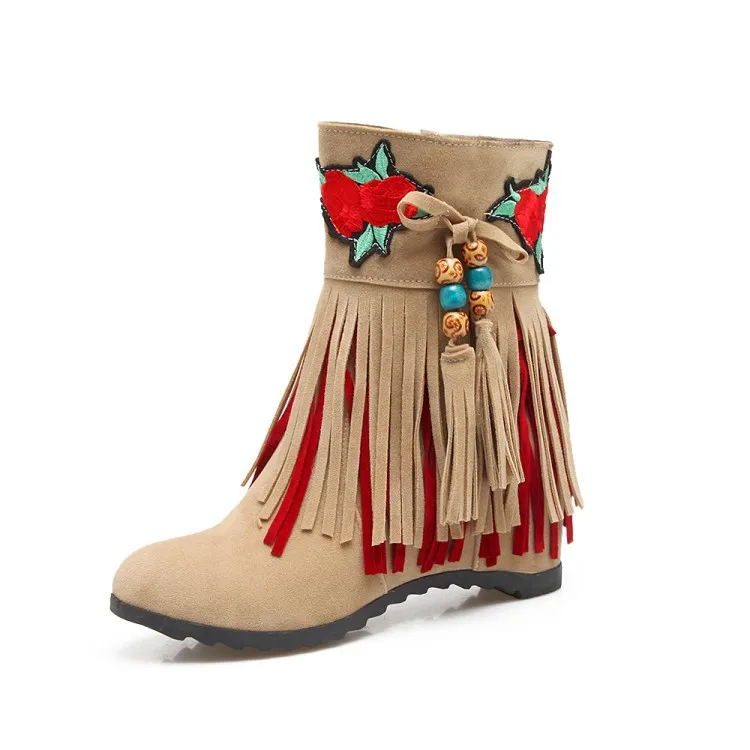 

18 Years Autumn And Winter New Style Printed Tassels Slanted Heel Large Size Short Boots 40414243 Code-