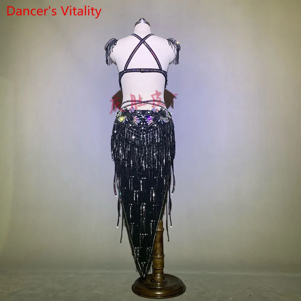 Подгонянный костюм для Танцев Живота элегантный топ с мишурой Алмазная юбка набор для женщин восточный индийский барабан танцевальная сценическая одежда