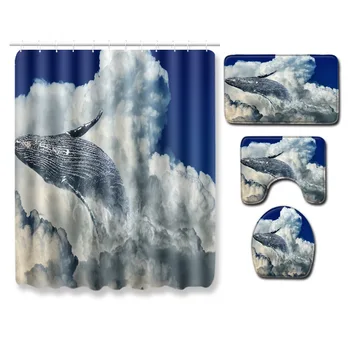 

4Pcs/Set Print Shower Custain Bath Toilet Set Waterproof Fabric Bathroom Mats Rugs with Hooks Animal Dog