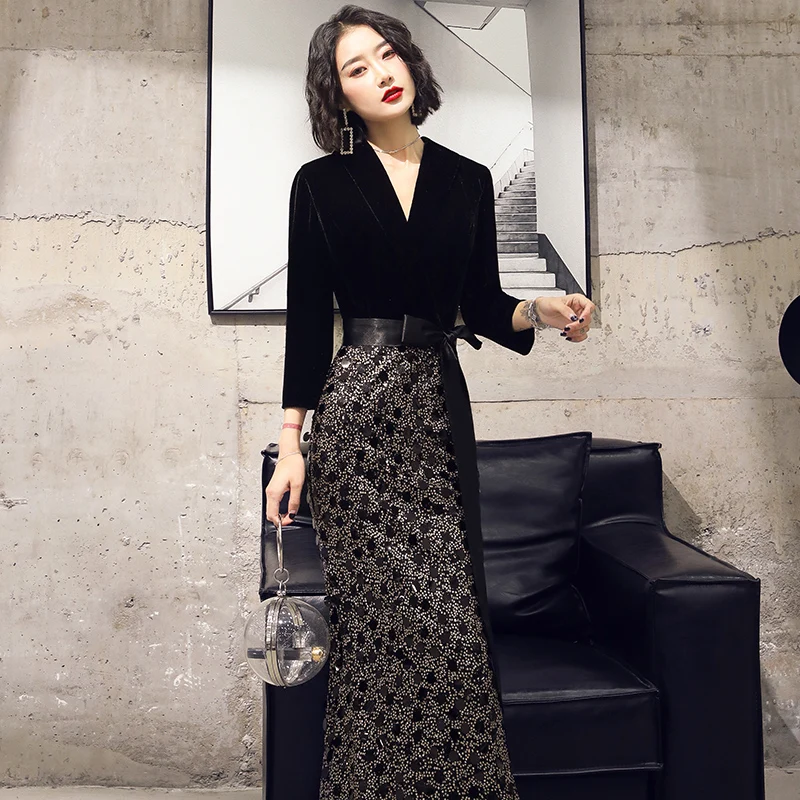 Wei yin AE0264 халат De Soiree Ever стиль сексуальный v-образный вырез с длинным рукавом Русалка Черные Длинные вечерние платья элегантные Abendkleider