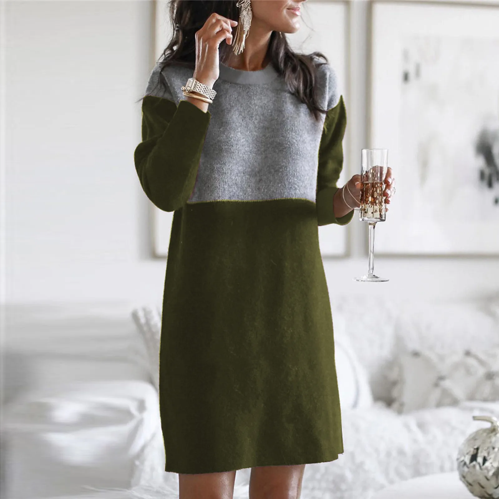 2021 New Fashion Women O-neck Long Sleeve Dress Winter Autumn Ladies Loose Stitching Color Pullover Sweater Dresses Vestido 2