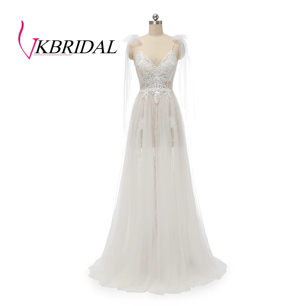 VKBRIDAL Бохо свадебное платье сексуальное боковое Сплит Спагетти ремень кружево свадебное платье с открытой спиной Vestido De Noiva Свадебные платья