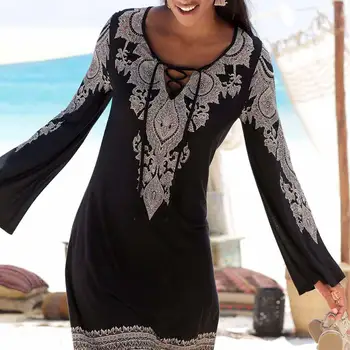 

Nice Pop Women Boho Long Sleeve Lace-up V-Neck Floral Mini Dress Sundress For Summer Pop 88