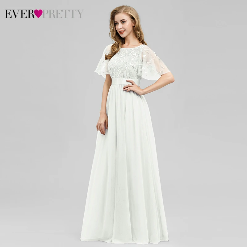 White Beach Wedding Dresses Ever Pretty EP00904 A-Line Ruffles Sleeve O-Neck Sequined Lace Bride Gowns Robe De Mariee Brillante