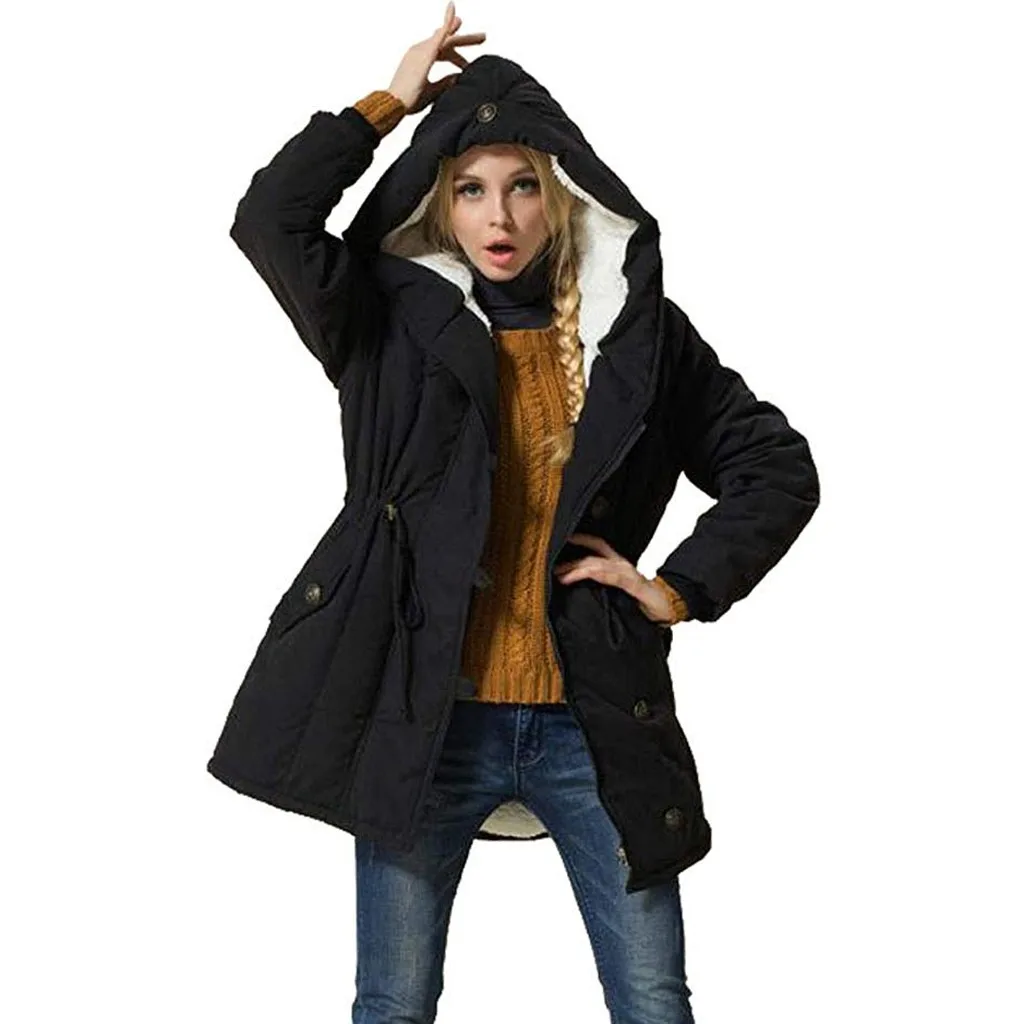 Модная женская однотонная куртка с капюшоном из овечьей шерсти, хлопковое пальто, плотная верхняя одежда, пальто, Прямая поставка, скидка бесплатно