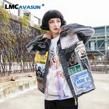 

LMCAVASUN Patch Designs Denim Coat Woman 2020 Asymmetric Denim Coat Autumn Winter Print Streetwear Jacket Black