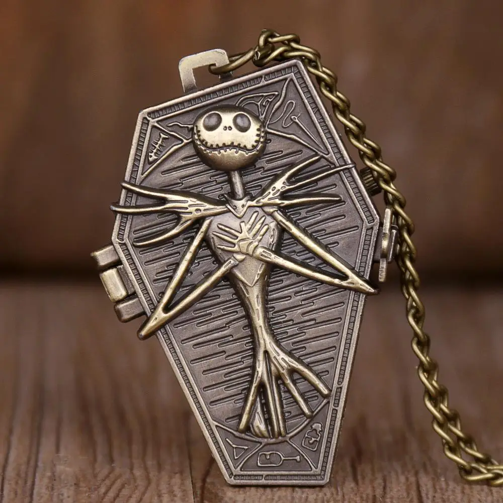 

Vintage Retro Burtons Quartz Pocket Wach The Night Before Christmas Skull Pocket Watches Necklace Chain Watches Men Clock Gifts