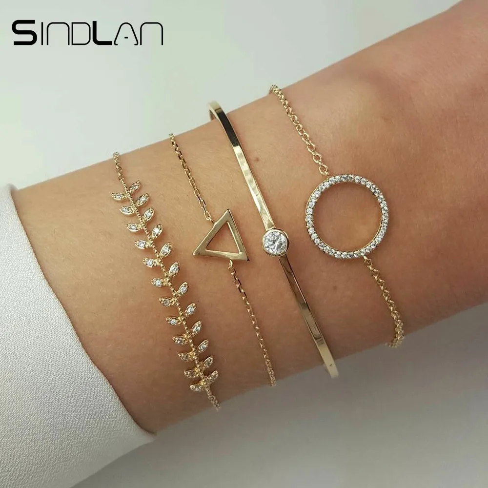 

Sindlan 4PCs Gold Crystal Geometric Bracelets for Women OL Style Circle Triangle Charm Bangles Bracelets Set Wrist Chain Jewelry