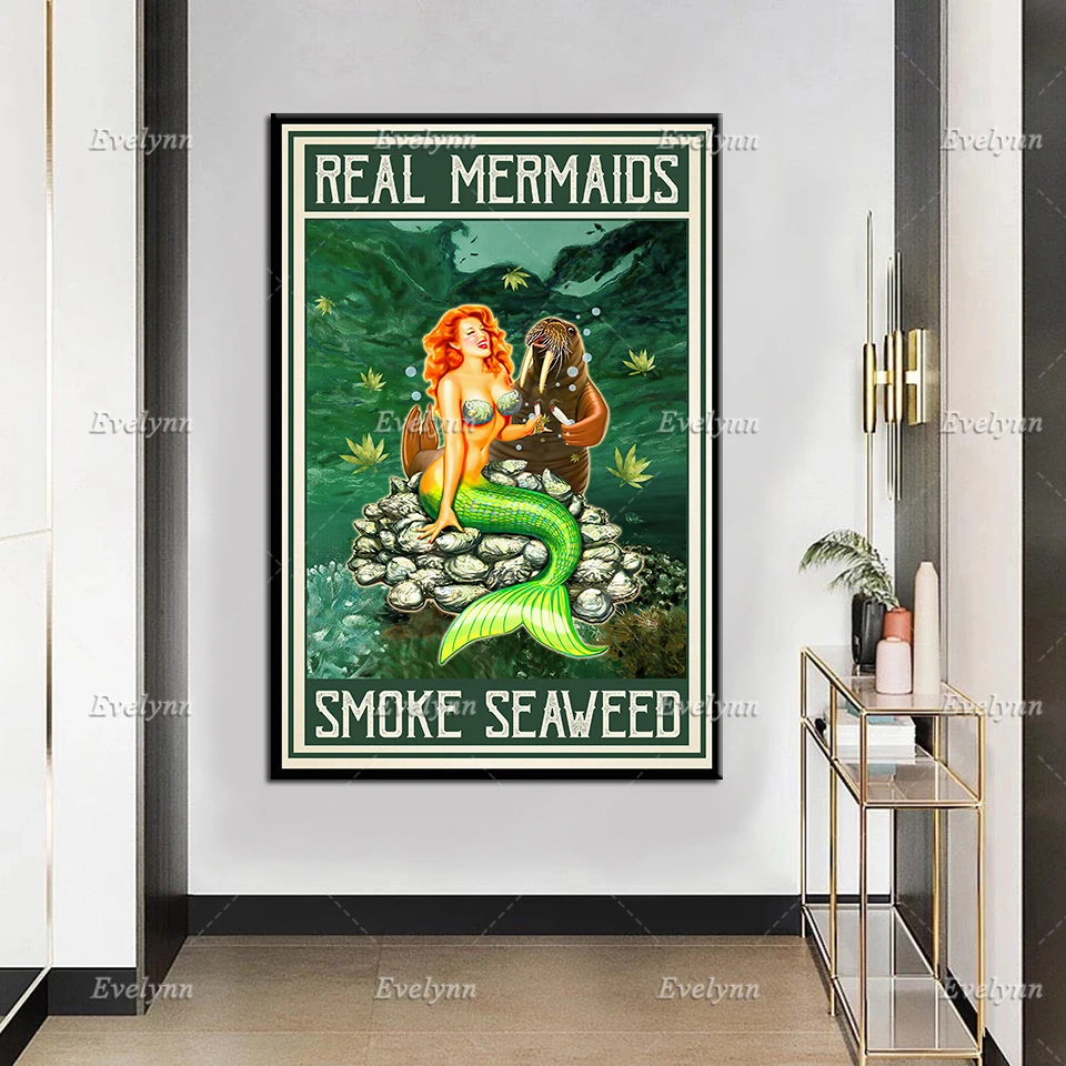 Real Mermaids Smoke Seaweed  Weed GLITTER PRINT Custom Screen Printed T-Shirt 