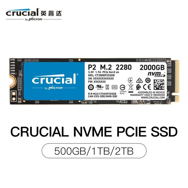 Crucial P2 500GB 1TB 2TB 3D NAND NVMe PCIe M.2 2280 SSD Up to 2400MB/s  Internal Solid State Drive