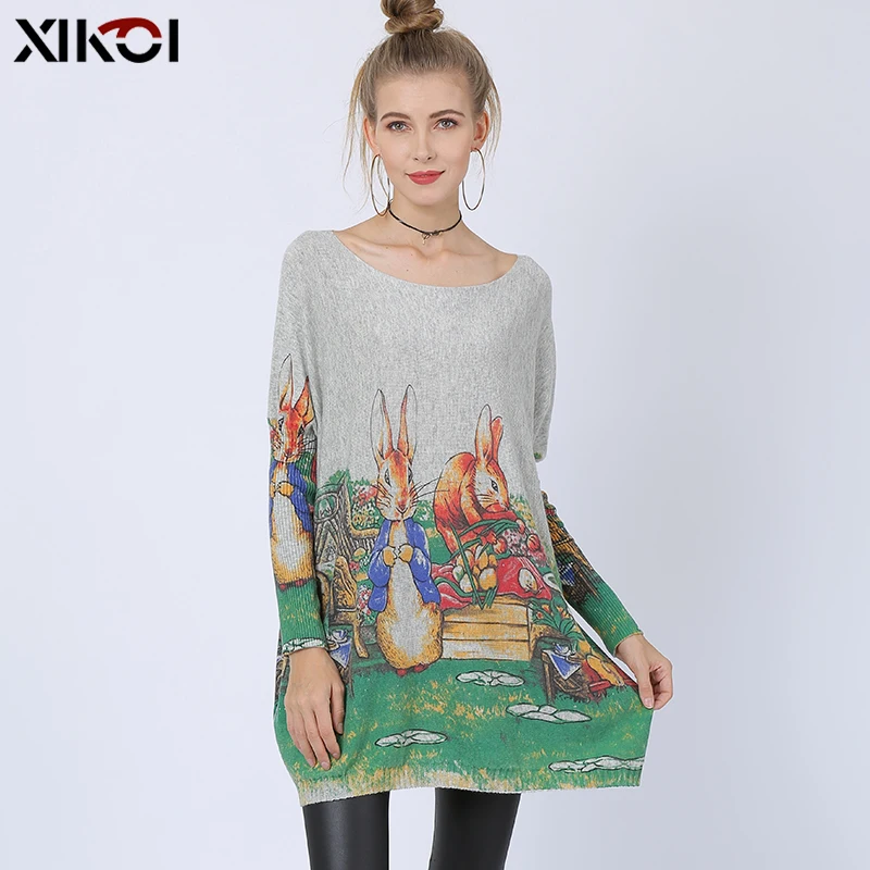 

XIKOI Women Cute Rabbit Oversived Knitted Sweater Dress Winter Warm Wool Pullovers Slash Neck Pull Femme Animal Print jumper New