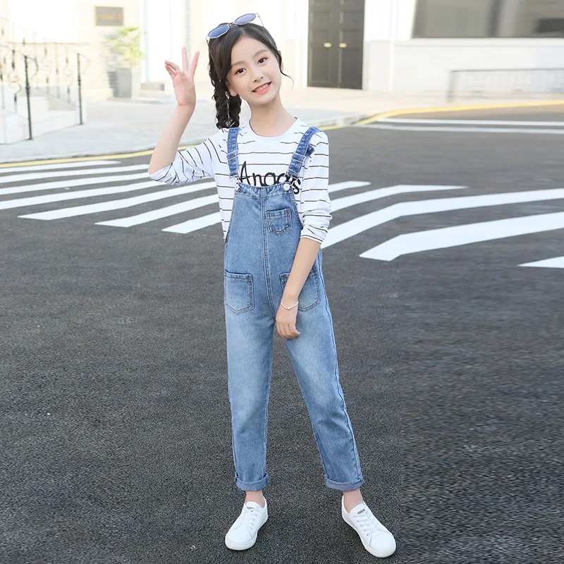 blue pants Детский комплект одежды для девочек-подростков, Детская футболка с длинными рукавами джинсовый комбинезон на лямках одежда для подростков 5 7 9 1112 лет - Цвет: blue pants