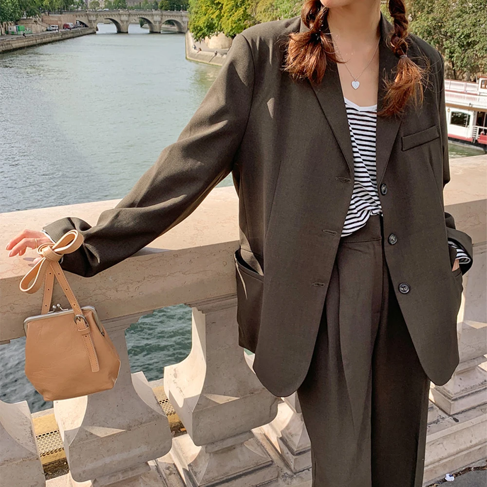 

Autumn 2 Piece Set Women Set Outfits Suit Long Sleeve Single Breasted Turn Down Collar Coat Jacket High Waist Wide Leg Long Pant