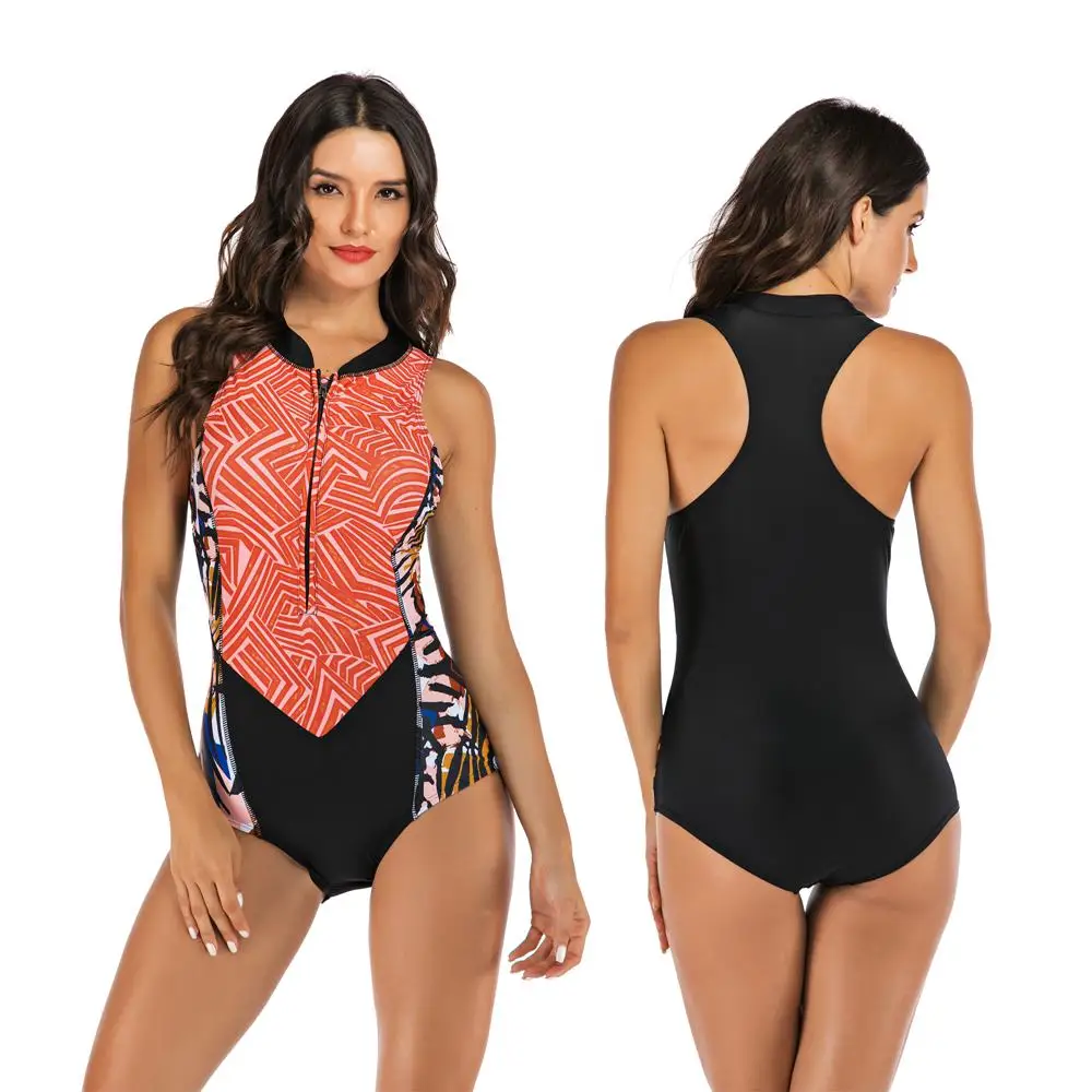 2020 New Rashguard Swimsuit One Piece Print Surf Swimwear Women Bodysuit Beach Bikini Zip Push Up Swim Suits Sport Monokini XXL