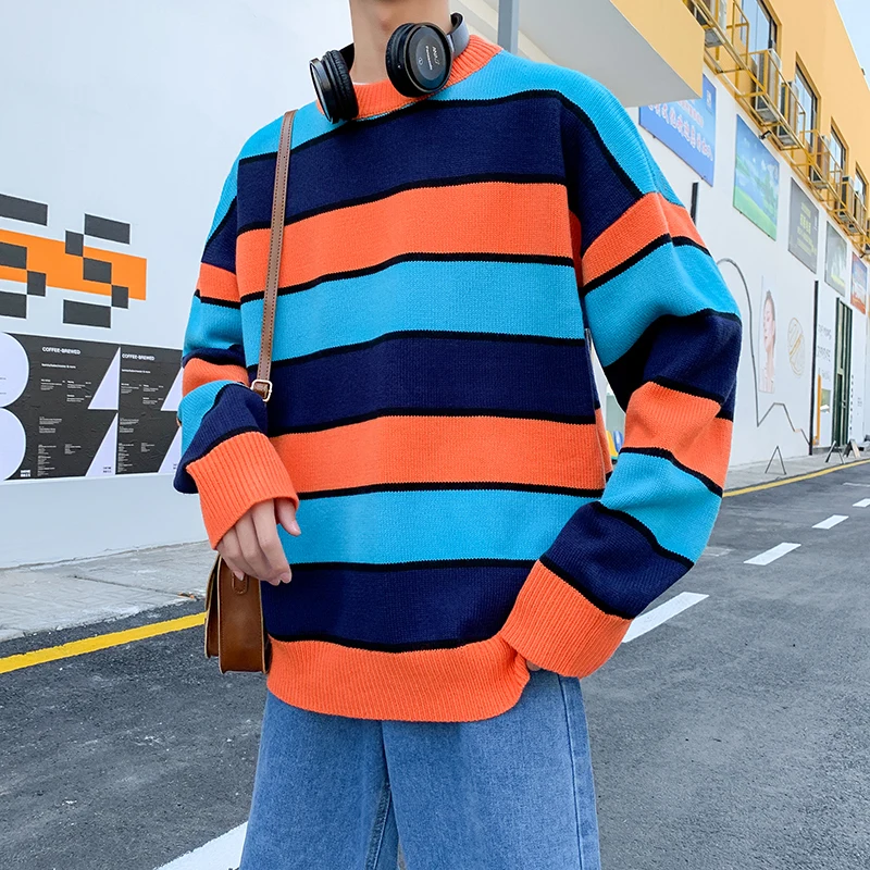 Winter Striped Sweater Men Warm Fashion Contrast Color Casual Knit Sweater Man Sweter Clothes Loose Long-sleeved Pullover Men