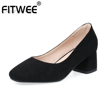 

FITWEE 4 Color Office Lady Concise Pumps High Heels Shoes Women Square Toe Retro Daily Party Female Footwear Size 30-43