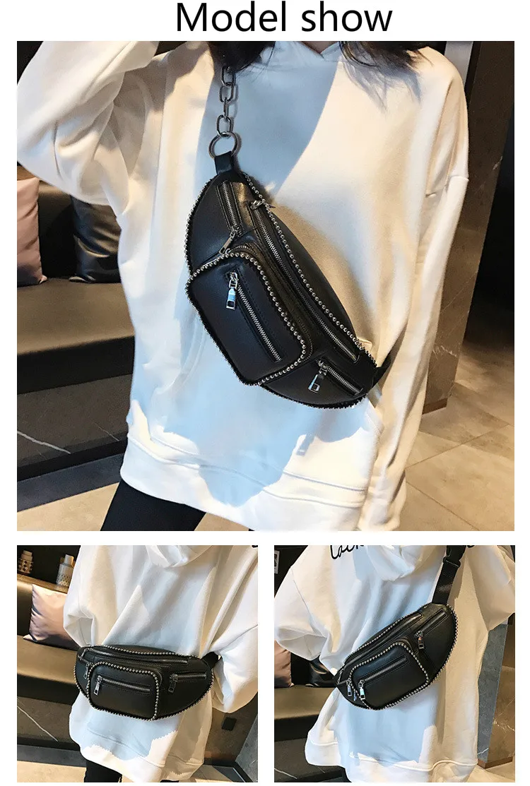Новая классная женская сумка на груди, модная сумка на пояс, украшенный бисером в стиле рок, универсальная сумка из искусственной кожи