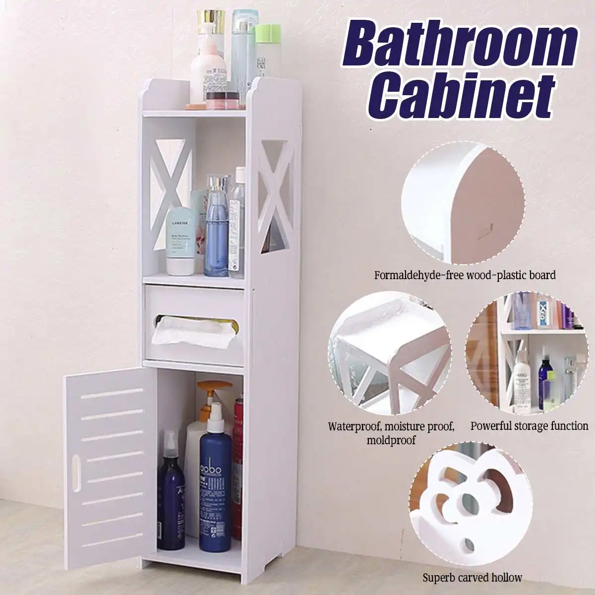 

Cabinet Bathroom Storage Shelf Floor Organizer Rack Standing With Tissue Drawers Waterproof Anti-corrosion WPC Four Layers
