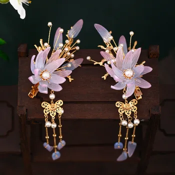 

FORSEVEN Ancient Chinese Hairpins Women Girls Hanfu Dress Headwear Long Tassel Step Shake Flower Pearls Hair Clips Jewelry