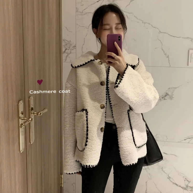 Beste Vrouwen winter vintage turn down kraag lambwool jas dames Tand bloem lange mouw korte wollen jas jasje warme uitloper