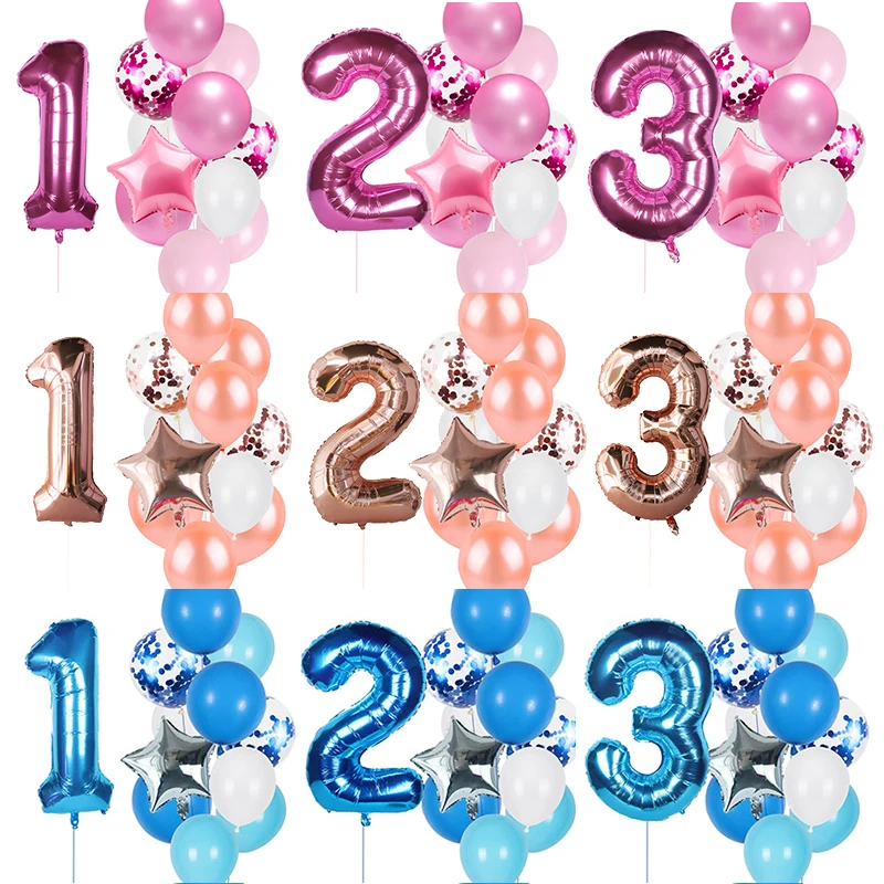 

12Pcs/set Pink Blue Rose Gold Number Foil Latex Balloons Kids Birthday Party Decoration 1st One Year Birthday Boy Decor Balloon
