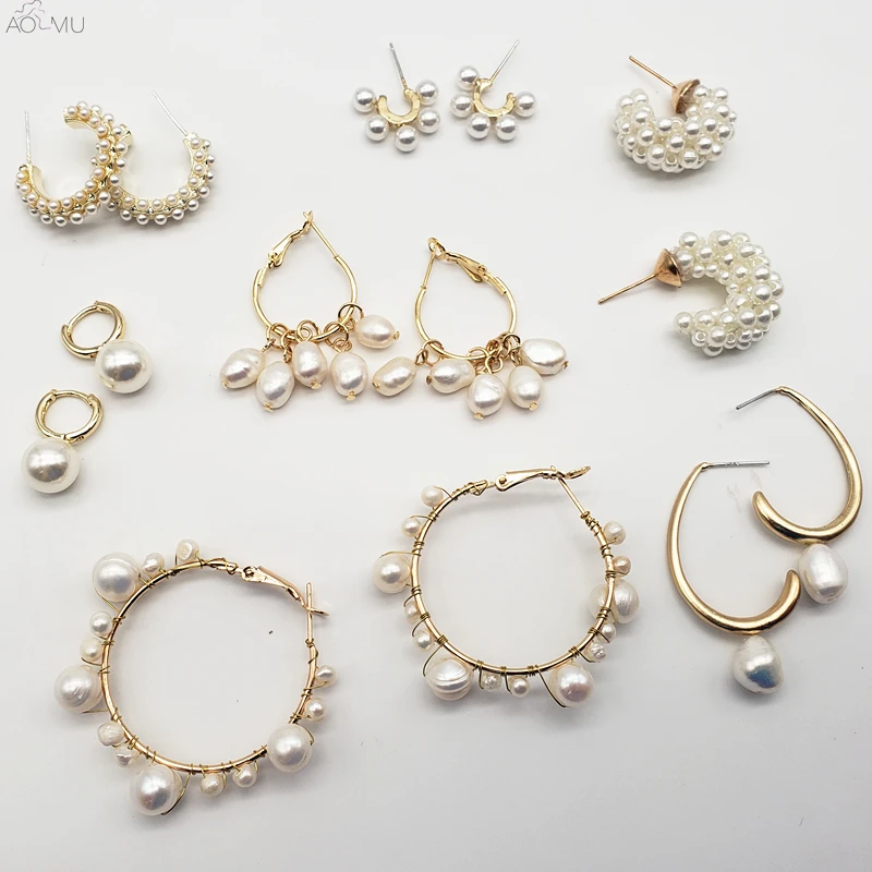 

AOMU Korean Fashion Metal Gold Geometric Round Square C Shape Simulated-Pearl Tassel Big Loop Hoop Earrings 2019 for Women Girl