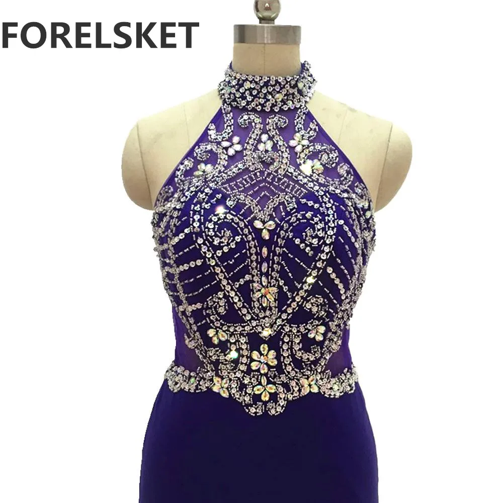 

Sparkly Crystal Beading Mermaid Long Prom Dresses Jersey 2020 Illusion High Neck Sequined Formal Evening Party Gowns Open Back