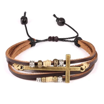 

Fashion Cowhide beaded Bracelets&Bangles Men's Metal cross Accessories Leather bracelet Adjustable buckle Vintage Jewelry Gifts