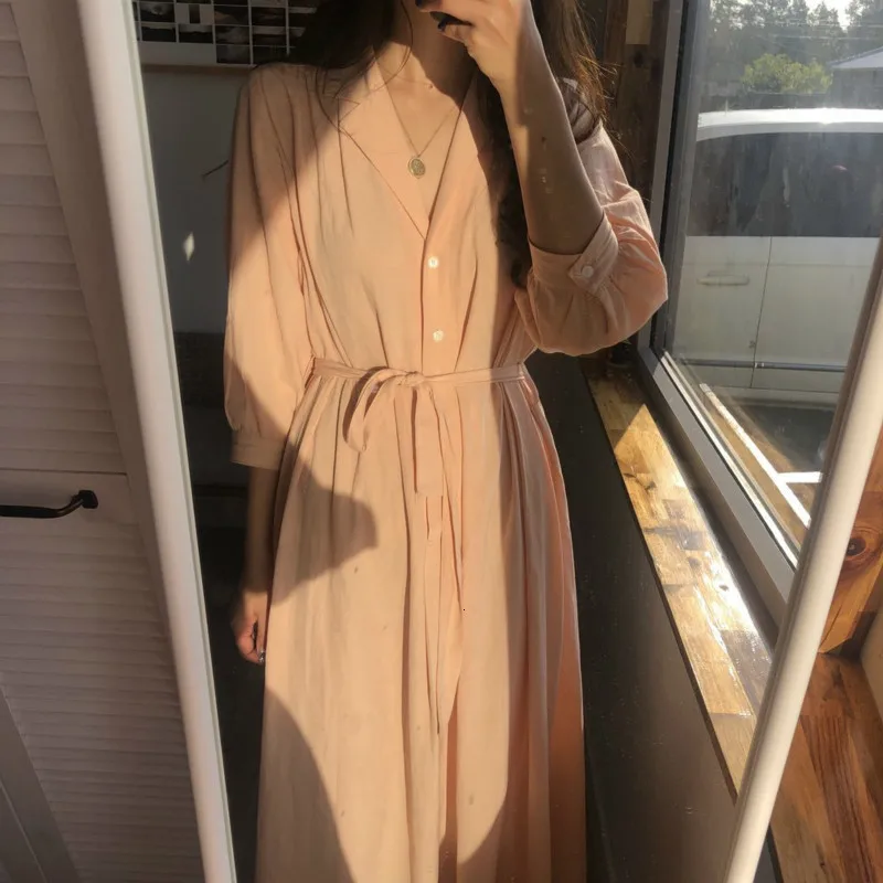 

Korean Women Summer Pink Long Shirt Dress Female Loose Plus Size Maxi Vestidos Bandage Elegant Robe Femme Ete Casual Jurken