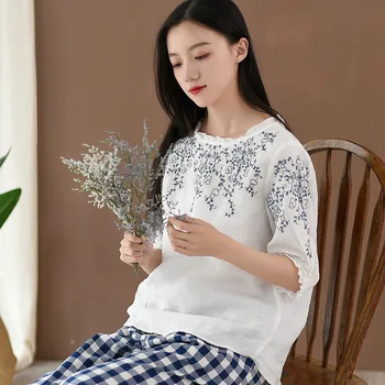 

2020 Women Fashion Half Sleeve Flower Embroidery Cotton Linen Loose T-Shirt Ladies Top