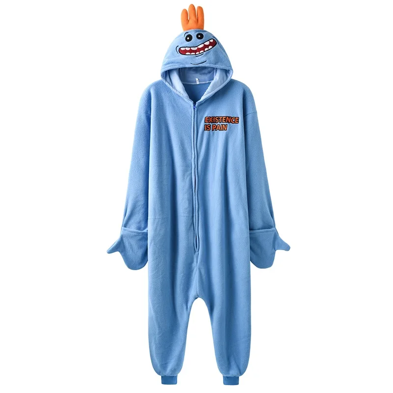 

Mr Meeseeks Onesie Funny Kugurumi Unisex Cartoon Pajamas Polar Fleece Rick Morry Meeseeks Jumpsuit Zipper Sleepwear Women Adult