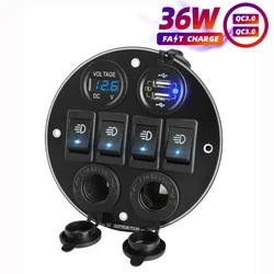 Allume cigare double Port adaptateur de voiture, prise d'alimentation dans la voiture QC 3.0 chargeur Usb rapide avec voltmètre 4 gangs 12 V interrupteur à bascule 
