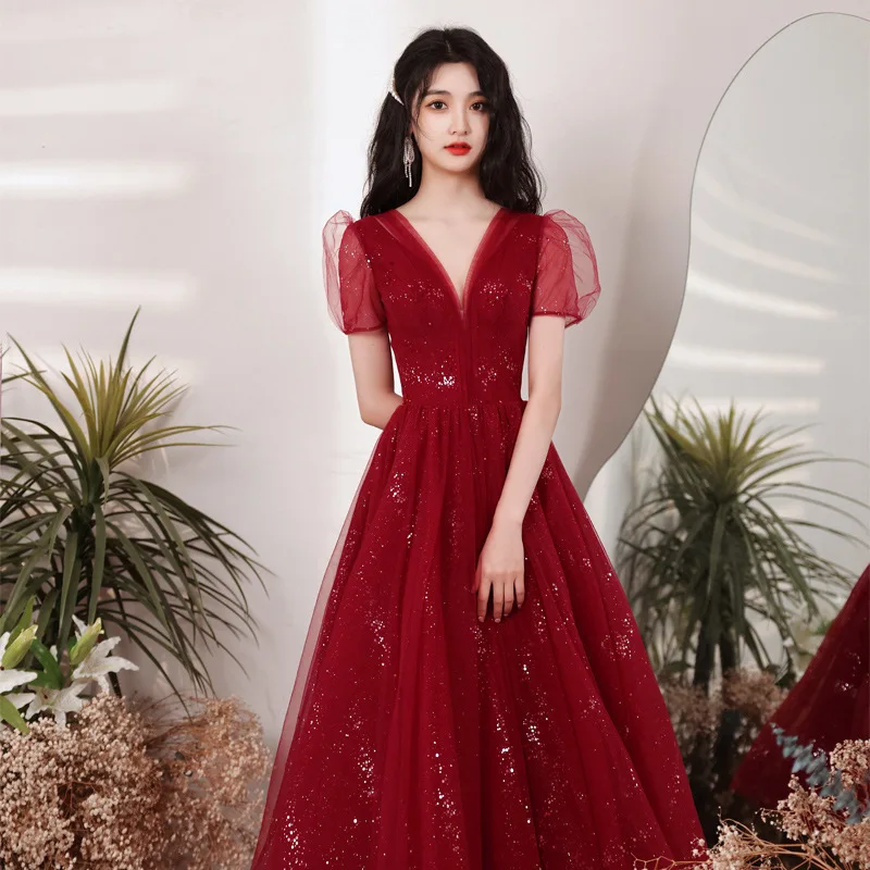 

Elegant V-Neck Puff Sleeve Evening Dress Formal Gowns Cheongsam Robe De Soiree Vestidos Size XS-3XL